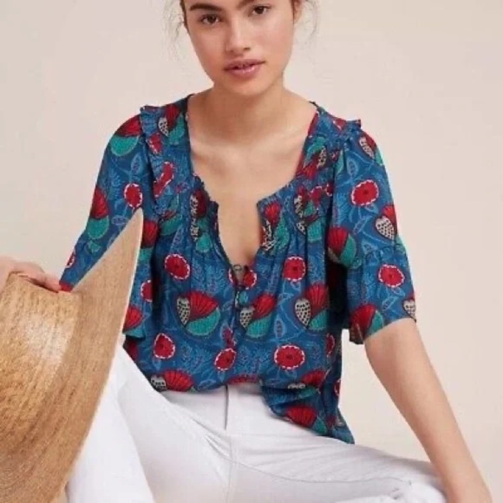 Anthropologie Maeve Letitia Smocked Ruffle Blouse Large